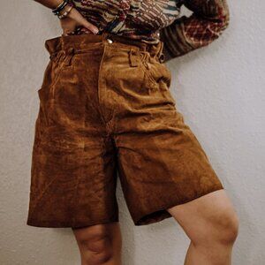 Vintage Brown Suede Leather Paper Bag Shorts High Rise | Size L/XL
